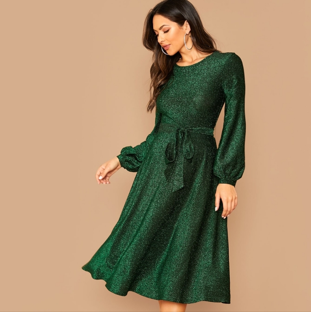 SHEIN self-belted, balloon sleeve dress, sparkly-green, size XL